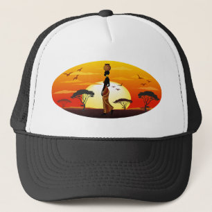 African Beautiful Woman Silhouette on African Suns Trucker Hat