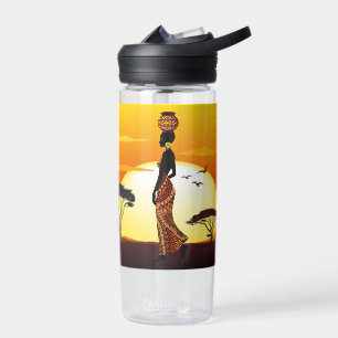 African Beautiful Woman Silhouette on African Suns Water Bottle