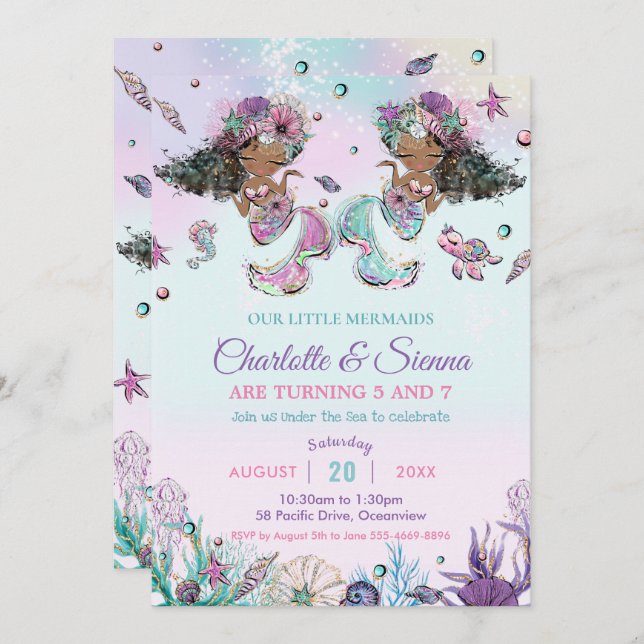 African Brown Mermaids Twins Sisters Birthday  Invitation (Front/Back)