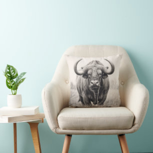 African Buffalo Pencil Drawing Cushion