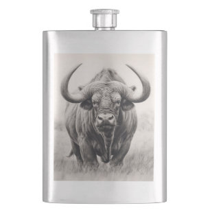 African Buffalo Pencil Drawing Hip Flask