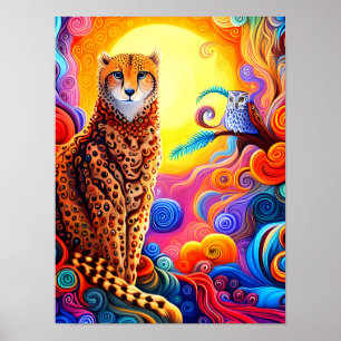 African Cheetah and Owl with Sun in Coloured Swirl Poster