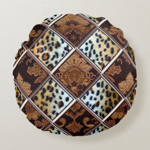 African Cheetah Patch Quilt Pattern Round Cushion
