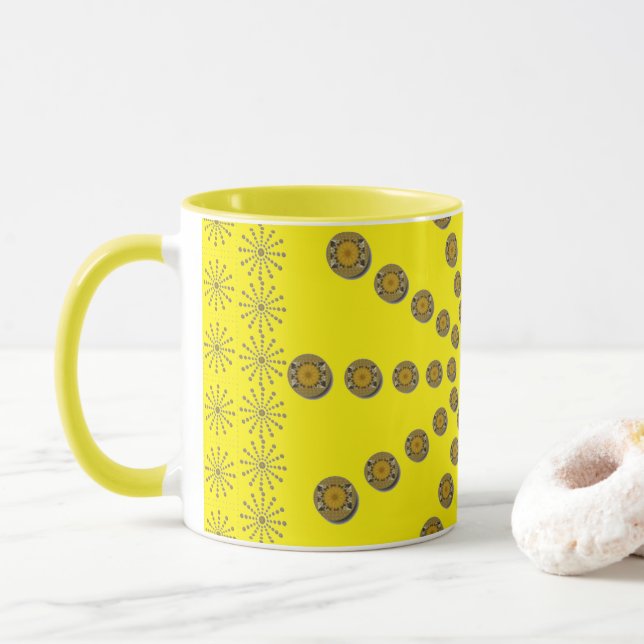 African Cool Sunflower Polka Dot Art Print Design Mug (With Donut)