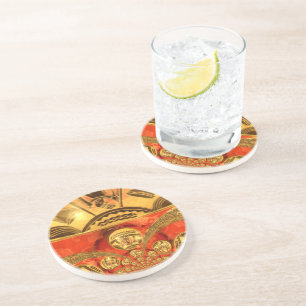 African Cultural Art: Rich Golden Red Design Coaster