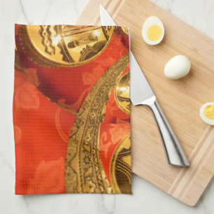African Cultural Art: Rich Golden Red Design Tea Towel