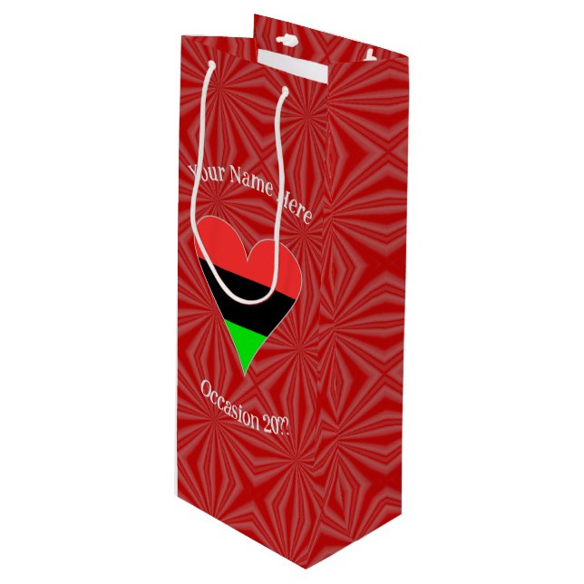African Diaspora Heart Flag Personalised Text  Wine Gift Bag (Front Angled)
