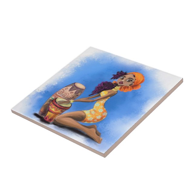 African Drummer Girl Ceramic Tile (Side)