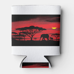 African Elephant and Baby with Red Sunset Can Cooler
