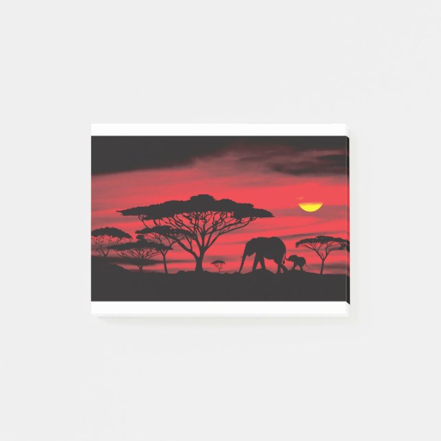 African Elephant and Baby with Red Sunset Post-it Notes (Front)