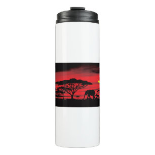African Elephant and Baby with Red Sunset Thermal Tumbler