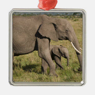 African Elephant and cub (Loxodonta africana), Metal Tree Decoration
