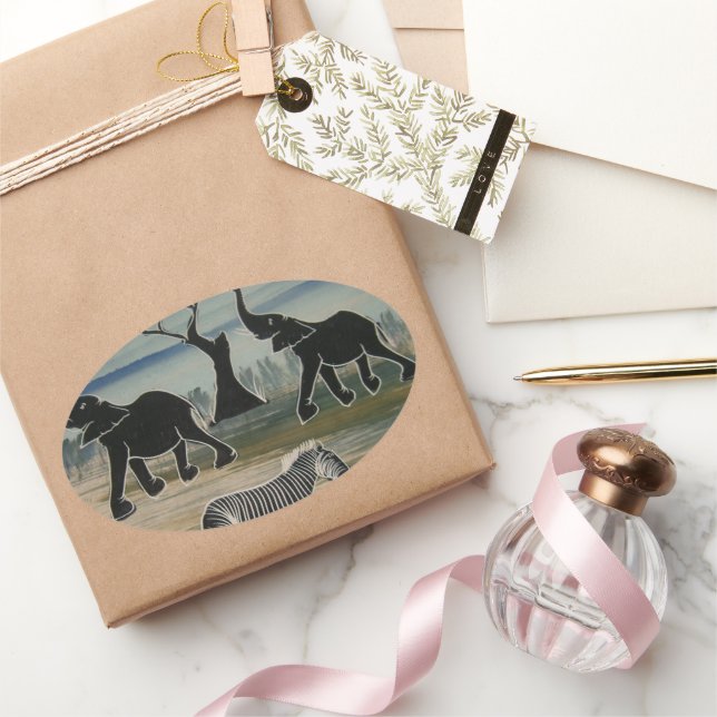African Elephant Art Print Oval Sticker (Gifting)
