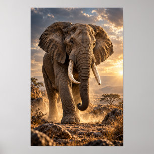 African Elephant at Golden Sunset Savanna Wildlife Poster
