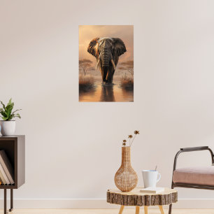 African Elephant at Sunset – Wildlife Illustration Poster