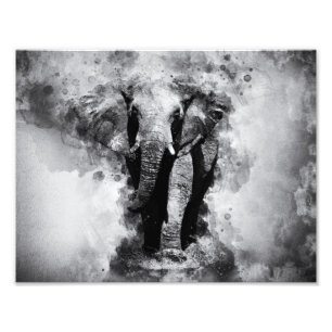 African Elephant Black and White Watercolor Photo Print