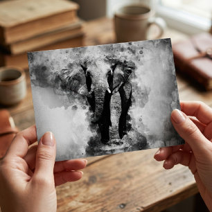 African Elephant Black and White Watercolor Postcard