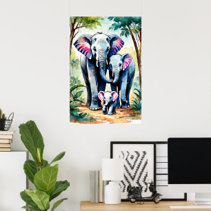 African Elephant Family Art, Colorful Wildlife Poster