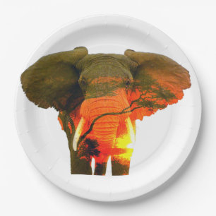 African Elephant in the Serengeti Sunset Paper Plate