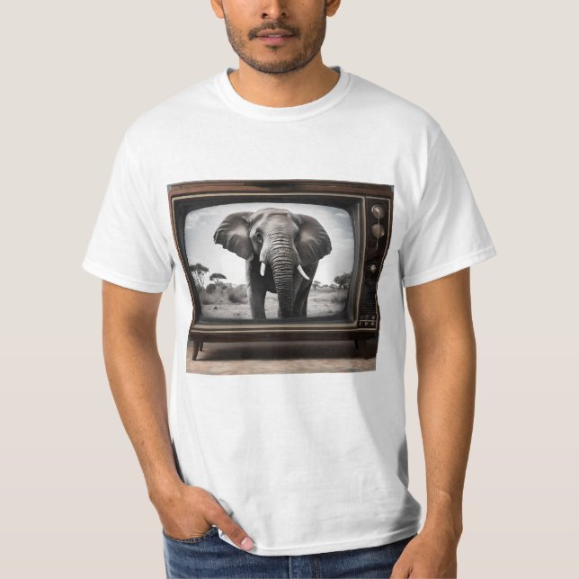 African Elephant On Analogue Television, T-Shirt (Front)