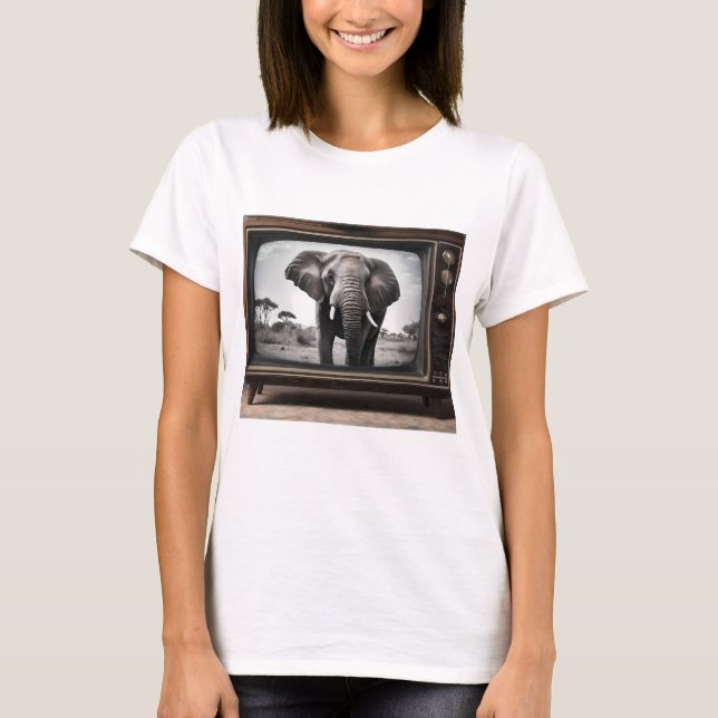 African Elephant On Analogue Television, T-Shirt (Front)