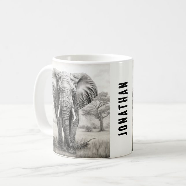 African Elephant Pencil Drawing Coffee Mug (Front Left)