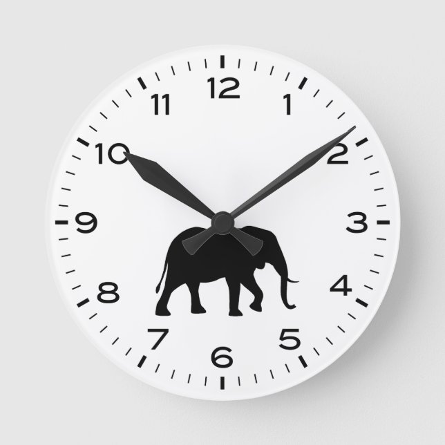 African Elephant Silhouette Black and White Round Clock (Front)
