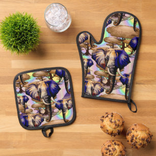 African Elephant Surreal Portrait Oven Mitt & Pot Holder Set