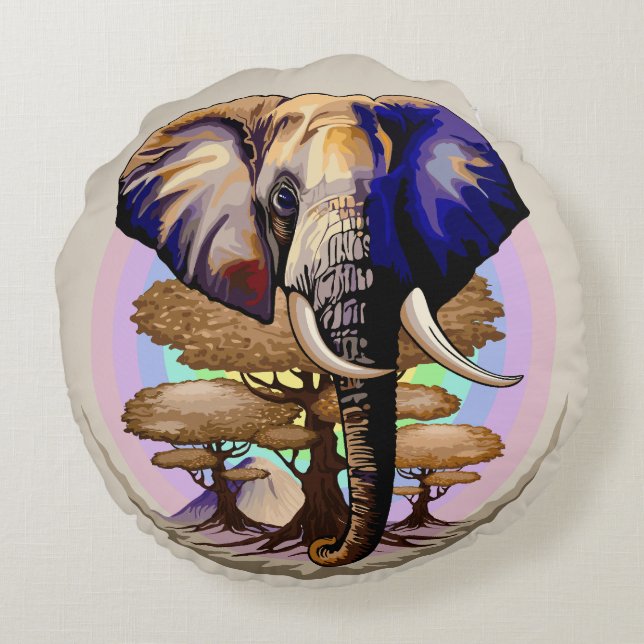 African Elephant Surreal Portrait  Round Cushion (Back)