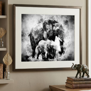 African Elephant with Calf Black and White Photo Print