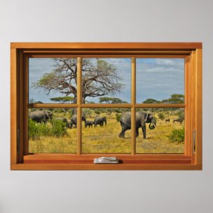African Elephants 6 Pane Wooden Window Illusion Poster