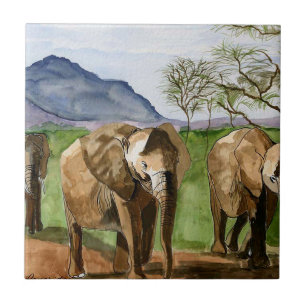 African Elephants Watercolor Painting Artwork Ceramic Tile