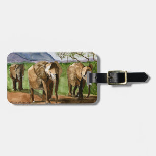 African Elephants Watercolor Painting Artwork Luggage Tag