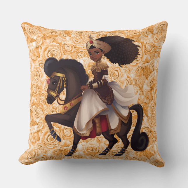 African Equestrian Princess Cotton Throw Pillow (Front)
