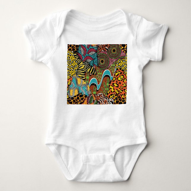 African Fabric: Wild Animal Patchwork. Baby Bodysuit (Front)