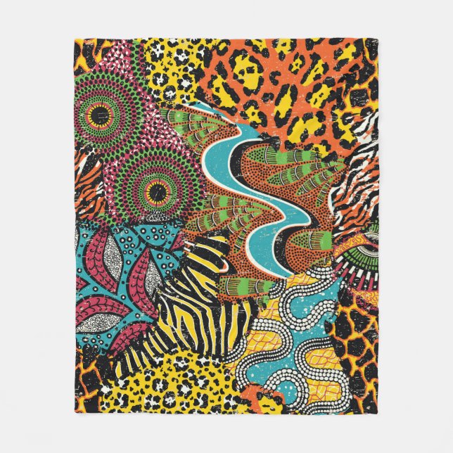 African Fabric: Wild Animal Patchwork. Fleece Blanket (Front)