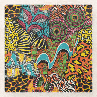 African Fabric: Wild Animal Patchwork. Glass Coaster