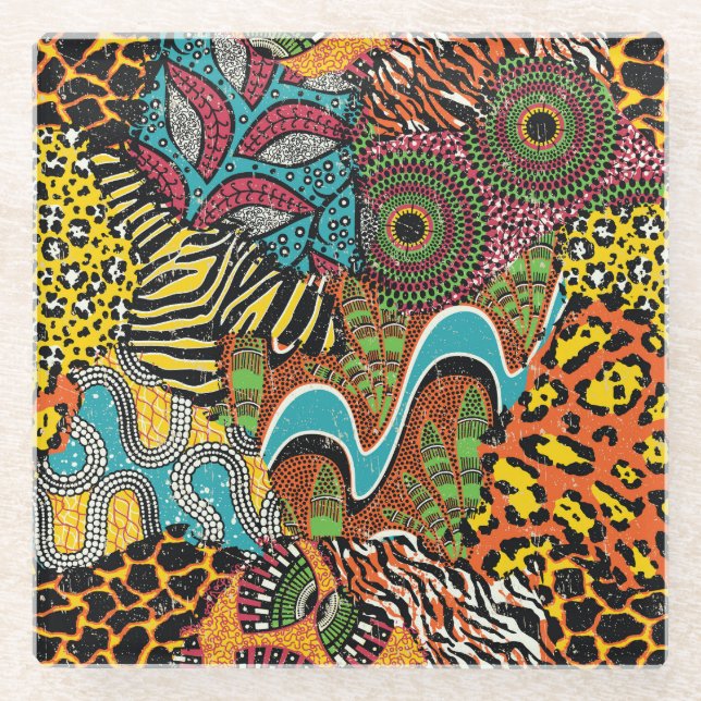 African Fabric: Wild Animal Patchwork. Glass Coaster (Front)