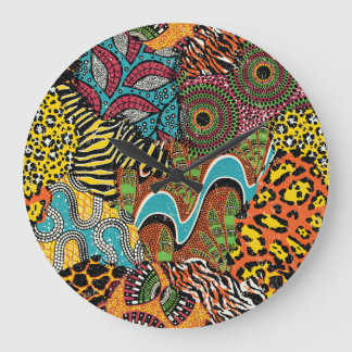 African Fabric: Wild Animal Patchwork. Large Clock