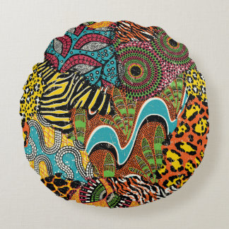 African Fabric: Wild Animal Patchwork. Round Cushion