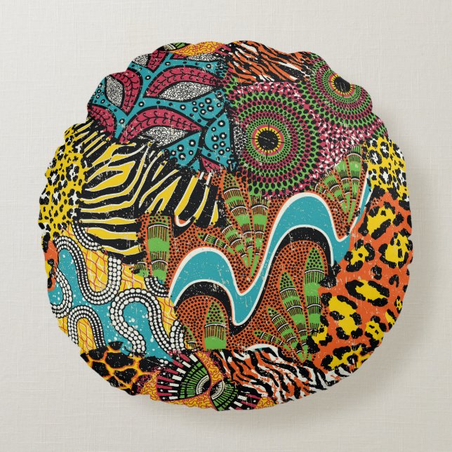 African Fabric: Wild Animal Patchwork. Round Cushion (Front)