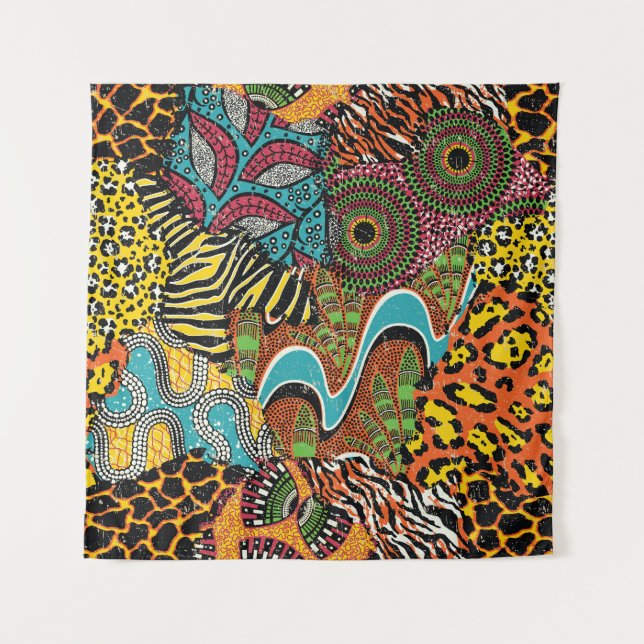 African Fabric: Wild Animal Patchwork. Tapestry (Front)