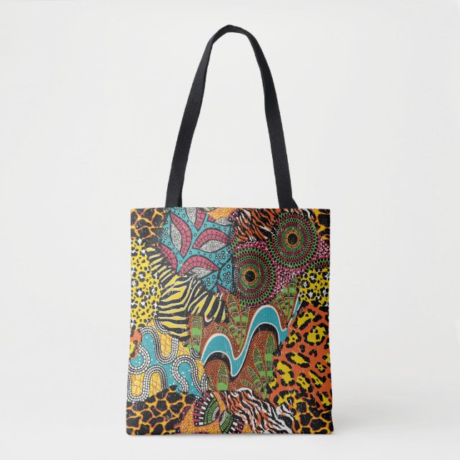 African Fabric: Wild Animal Patchwork. Tote Bag (Front)
