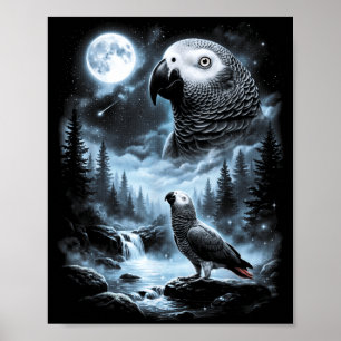 African G Parrot Howling At Moon 90s Retro Bird Poster