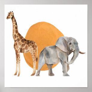 African Giraffe and Elephant Poster