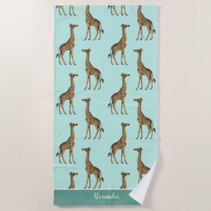 African Giraffes Teal and Brown Beach Towel