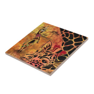 African Girl and Giraffe Ceramic Tile Friends