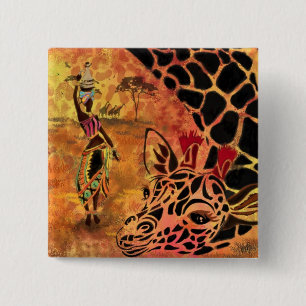 African Girl and Giraffe - Friends - Art Drawing - 15 Cm Square Badge