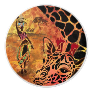 African Girl and Giraffe - Friends - Art Drawing - Ceramic Knob