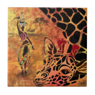 African Girl and Giraffe - Friends - Art Drawing Ceramic Tile